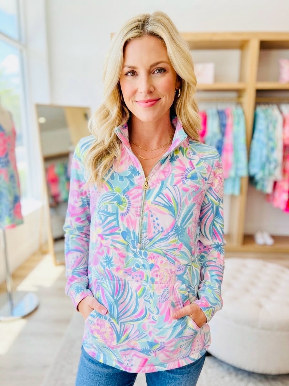 Lilly Pulitzer 1/4 Zip Pullover Sweatshirt Pink Blue Floral Print Size Medium M